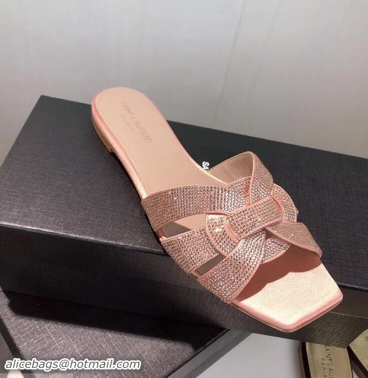 Good Looking Saint Laurent Nu Pieds Flat Slide Sandal with Crystal Y84004 Pink/Silver