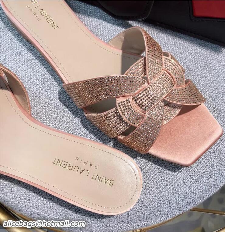 Good Looking Saint Laurent Nu Pieds Flat Slide Sandal with Crystal Y84004 Pink/Silver