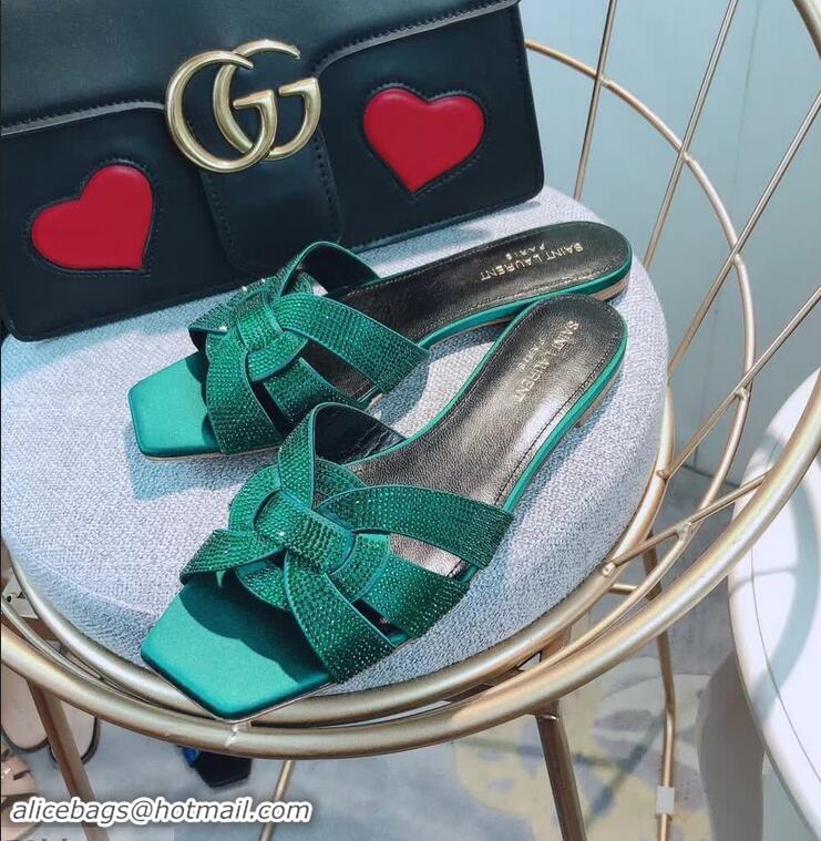 Durable Faux Saint Laurent Nu Pieds Flat Slide Sandal with Crystal Y84004 Green