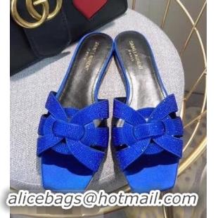 Top Grade Saint Laurent Nu Pieds Flat Slide Sandal with Crystal Y84004 Royal Blue