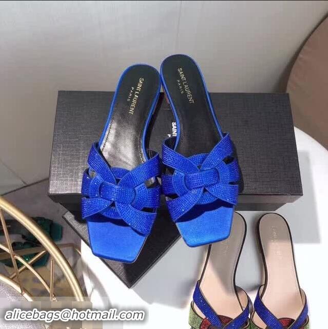 Top Grade Saint Laurent Nu Pieds Flat Slide Sandal with Crystal Y84004 Royal Blue