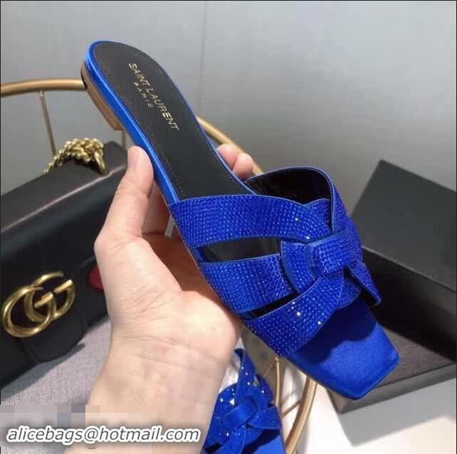 Top Grade Saint Laurent Nu Pieds Flat Slide Sandal with Crystal Y84004 Royal Blue