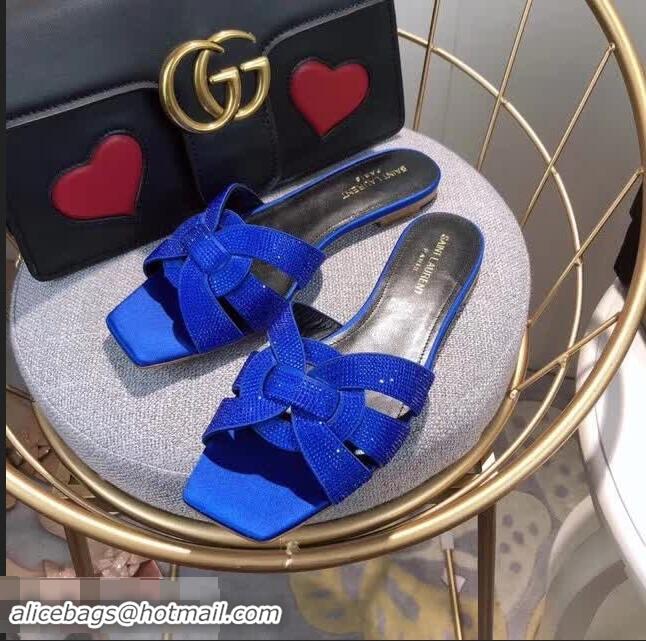 Top Grade Saint Laurent Nu Pieds Flat Slide Sandal with Crystal Y84004 Royal Blue