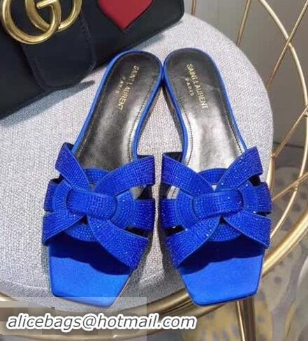 Top Grade Saint Laurent Nu Pieds Flat Slide Sandal with Crystal Y84004 Royal Blue