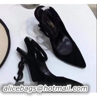 Discount Saint Laurent Heel 11cm Opyum Slingback Pumps In Suede Black With Black YSL Signature With Strap Y82206