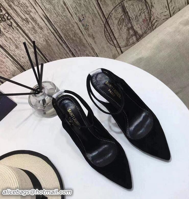 Discount Saint Laurent Heel 11cm Opyum Slingback Pumps In Suede Black With Black YSL Signature With Strap Y82206