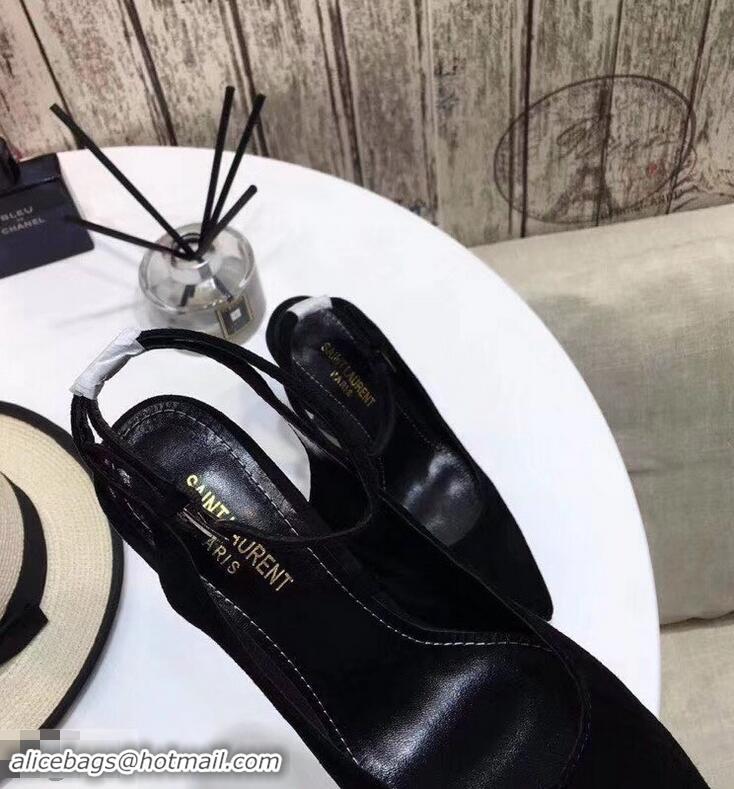 Discount Saint Laurent Heel 11cm Opyum Slingback Pumps In Suede Black With Black YSL Signature With Strap Y82206