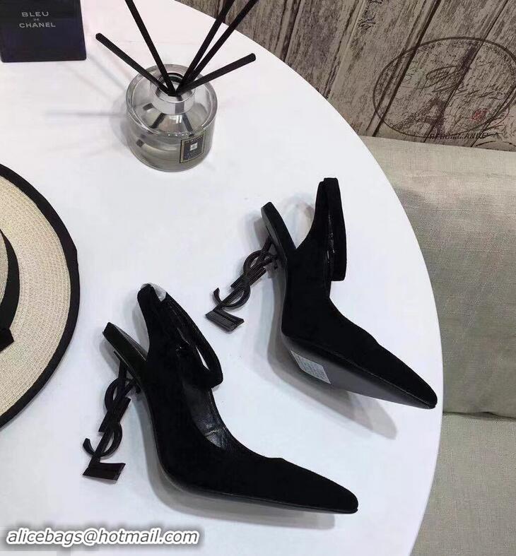 Discount Saint Laurent Heel 11cm Opyum Slingback Pumps In Suede Black With Black YSL Signature With Strap Y82206