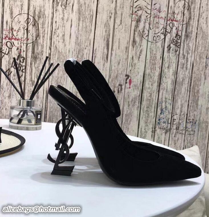 Discount Saint Laurent Heel 11cm Opyum Slingback Pumps In Suede Black With Black YSL Signature With Strap Y82206