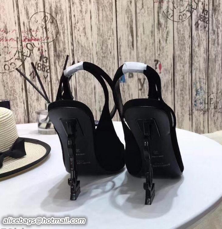 Discount Saint Laurent Heel 11cm Opyum Slingback Pumps In Suede Black With Black YSL Signature With Strap Y82206