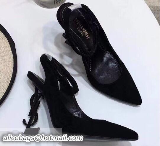 Discount Saint Laurent Heel 11cm Opyum Slingback Pumps In Suede Black With Black YSL Signature With Strap Y82206