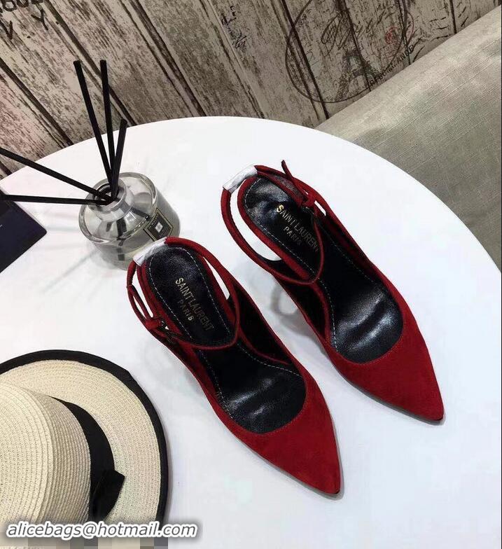 Low Cost Saint Laurent Heel 11cm Opyum Slingback Pumps In Suede Black With Black YSL Signature With Strap Y82207