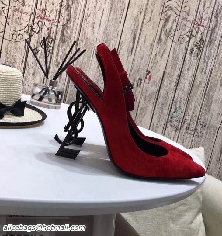 Low Cost Saint Laurent Heel 11cm Opyum Slingback Pumps In Suede Black With Black YSL Signature With Strap Y82207