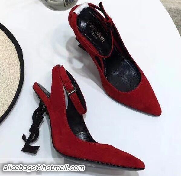 Low Cost Saint Laurent Heel 11cm Opyum Slingback Pumps In Suede Black With Black YSL Signature With Strap Y82207