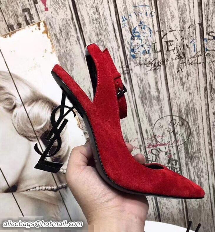 Low Cost Saint Laurent Heel 11cm Opyum Slingback Pumps In Suede Black With Black YSL Signature With Strap Y82207