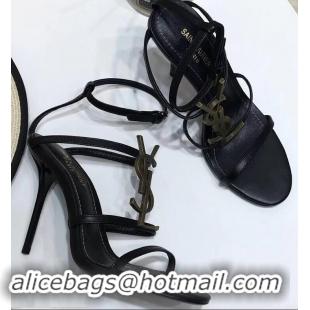 Youthful Saint Laurent Heel 10.5cm Cassandra Sandals Y91401 Black/Gold With YSL Logo