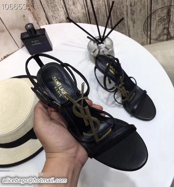 Youthful Saint Laurent Heel 10.5cm Cassandra Sandals Y91401 Black/Gold With YSL Logo