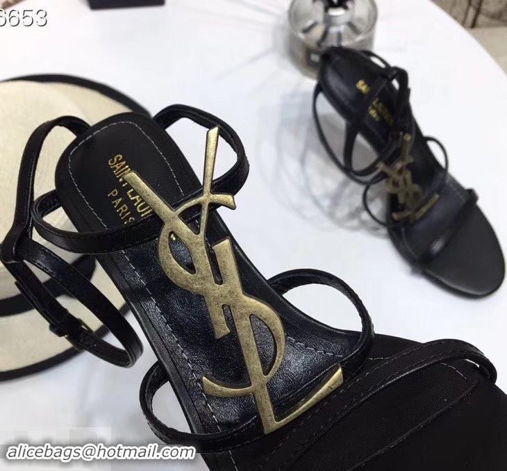 Youthful Saint Laurent Heel 10.5cm Cassandra Sandals Y91401 Black/Gold With YSL Logo