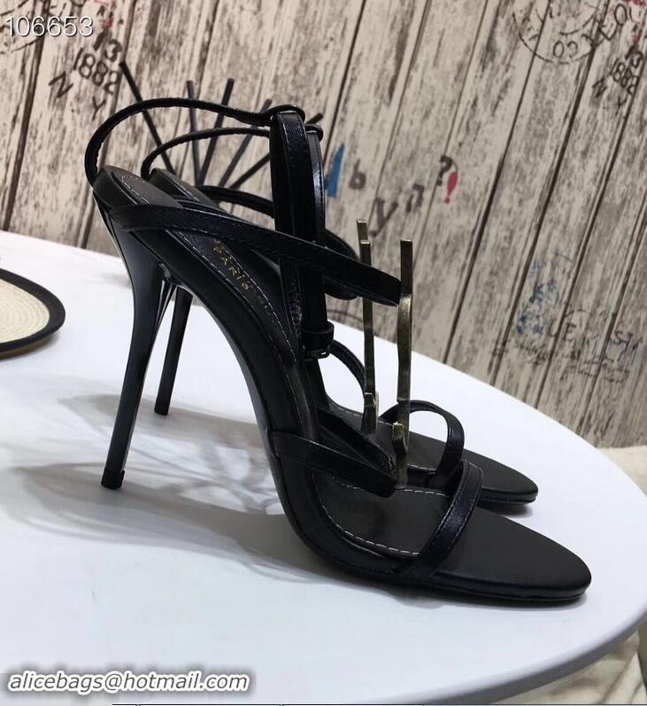 Youthful Saint Laurent Heel 10.5cm Cassandra Sandals Y91401 Black/Gold With YSL Logo