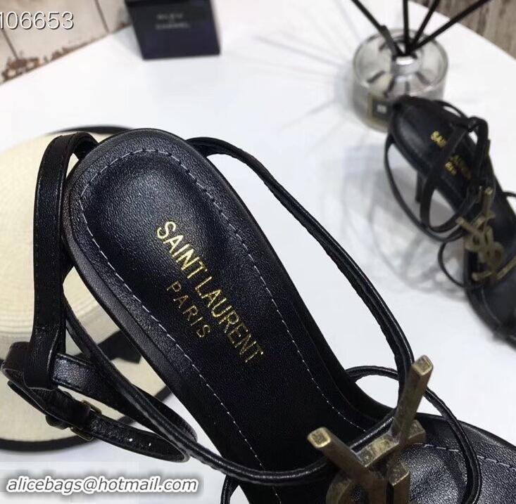 Youthful Saint Laurent Heel 10.5cm Cassandra Sandals Y91401 Black/Gold With YSL Logo