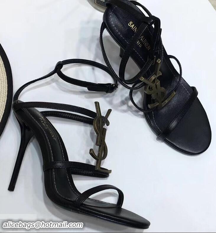 Youthful Saint Laurent Heel 10.5cm Cassandra Sandals Y91401 Black/Gold With YSL Logo