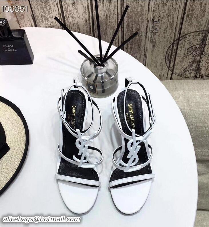 Super Saint Laurent Heel 10.5cm Cassandra Sandals Y91402 White With YSL Logo 2019