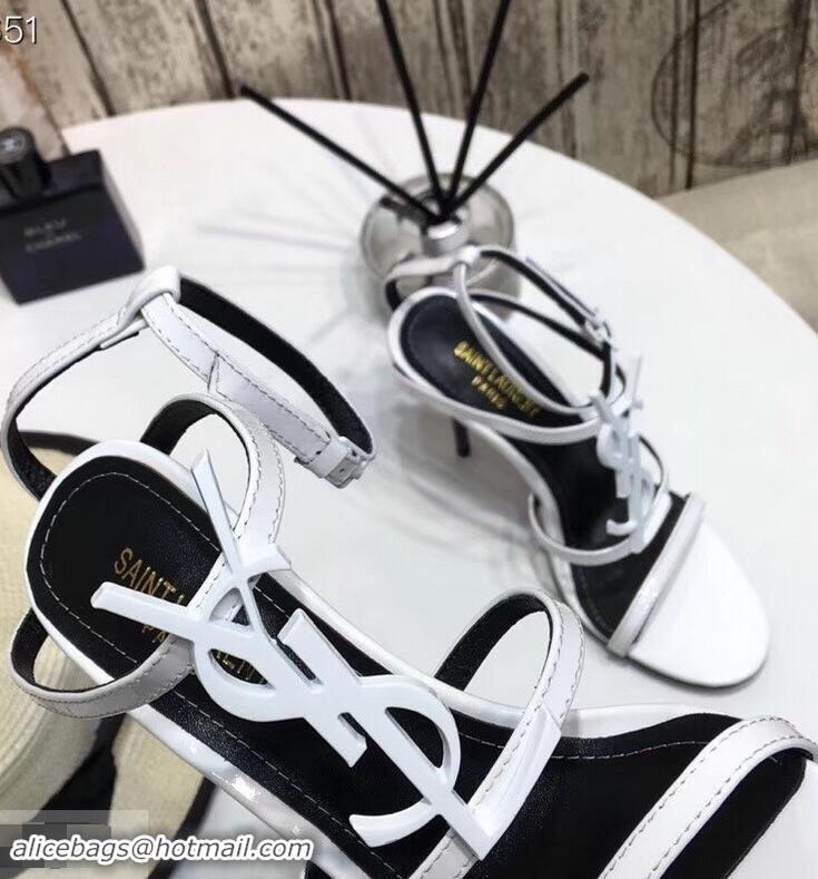 Super Saint Laurent Heel 10.5cm Cassandra Sandals Y91402 White With YSL Logo 2019