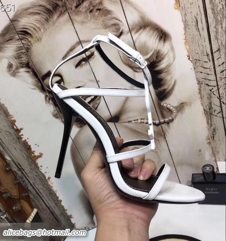 Super Saint Laurent Heel 10.5cm Cassandra Sandals Y91402 White With YSL Logo 2019