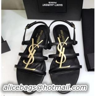 Inexpensive SAINT LAURENT PARIS CASSANDRA SANDALS Y93123 BLACK WITH GOLD LOGO