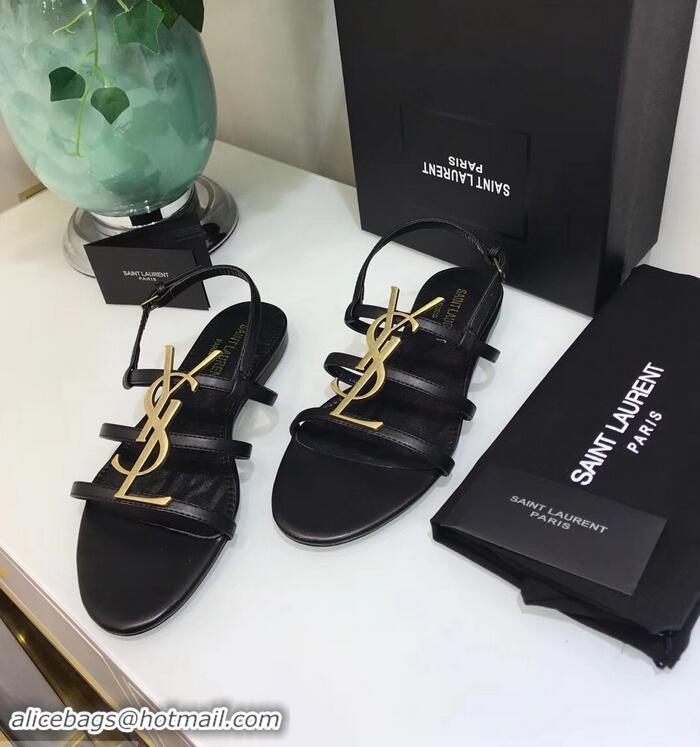 Inexpensive SAINT LAURENT PARIS CASSANDRA SANDALS Y93123 BLACK WITH GOLD LOGO