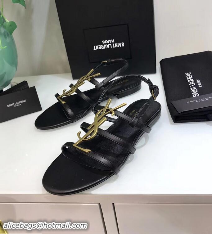 Inexpensive SAINT LAURENT PARIS CASSANDRA SANDALS Y93123 BLACK WITH GOLD LOGO