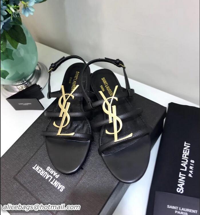 Inexpensive SAINT LAURENT PARIS CASSANDRA SANDALS Y93123 BLACK WITH GOLD LOGO