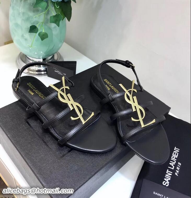 Inexpensive SAINT LAURENT PARIS CASSANDRA SANDALS Y93123 BLACK WITH GOLD LOGO