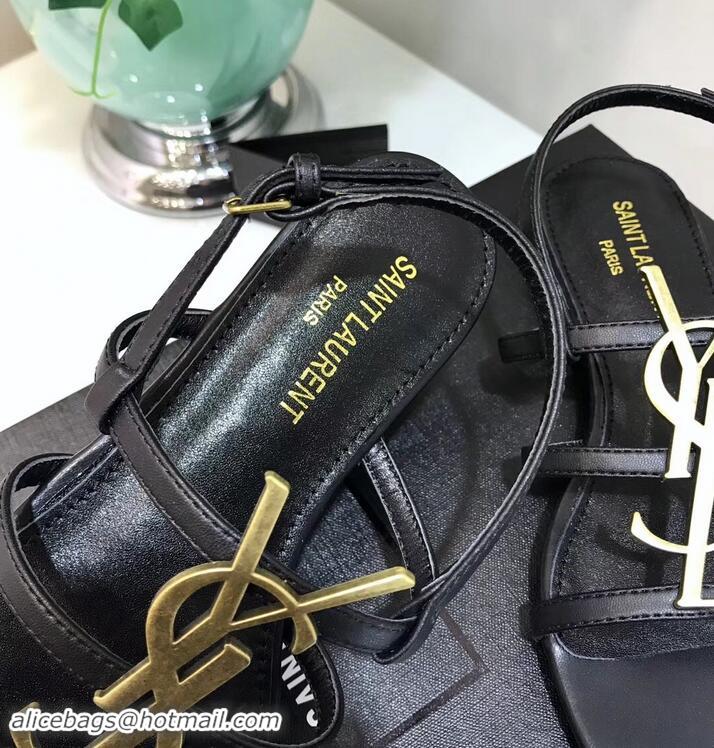 Inexpensive SAINT LAURENT PARIS CASSANDRA SANDALS Y93123 BLACK WITH GOLD LOGO