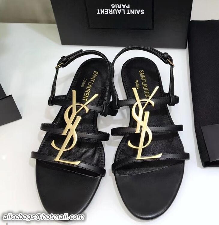 Inexpensive SAINT LAURENT PARIS CASSANDRA SANDALS Y93123 BLACK WITH GOLD LOGO