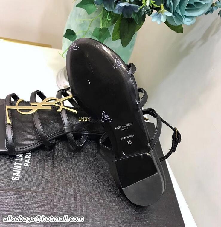 Inexpensive SAINT LAURENT PARIS CASSANDRA SANDALS Y93123 BLACK WITH GOLD LOGO