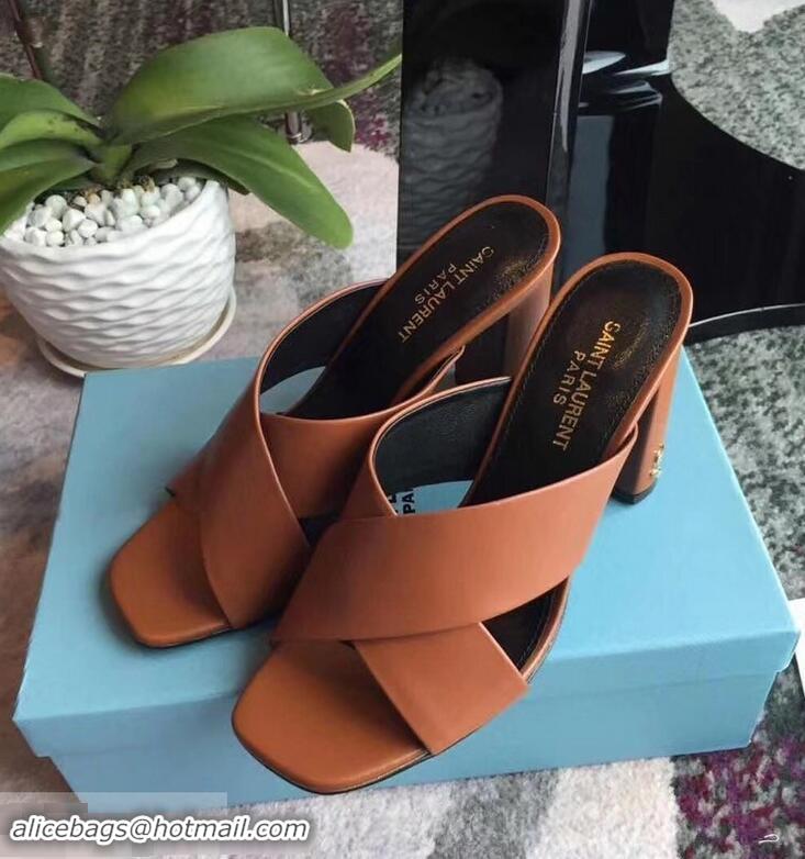 Top Quality Saint Laurent Heel 6.5cm/9cm Leather Loulou Mules Y93510 Brown