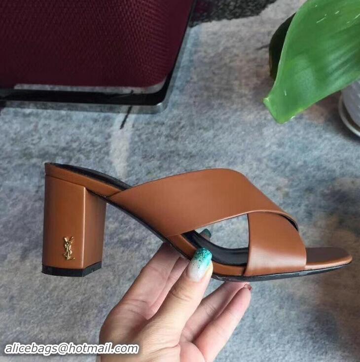 Top Quality Saint Laurent Heel 6.5cm/9cm Leather Loulou Mules Y93510 Brown