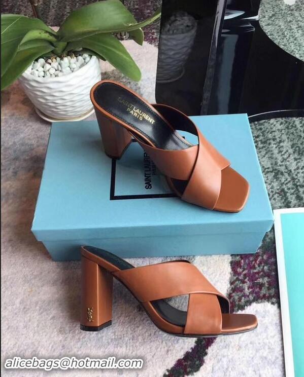 Top Quality Saint Laurent Heel 6.5cm/9cm Leather Loulou Mules Y93510 Brown