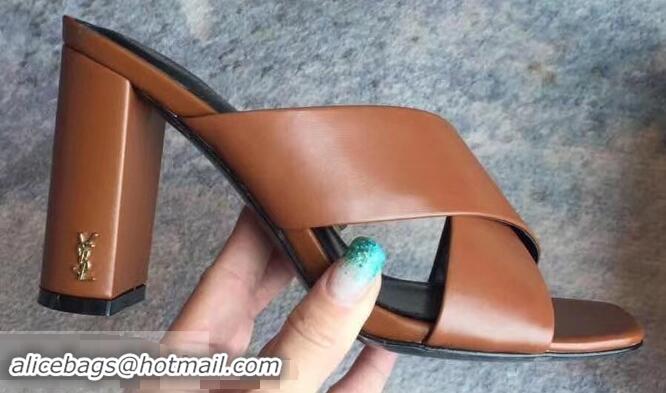 Top Quality Saint Laurent Heel 6.5cm/9cm Leather Loulou Mules Y93510 Brown