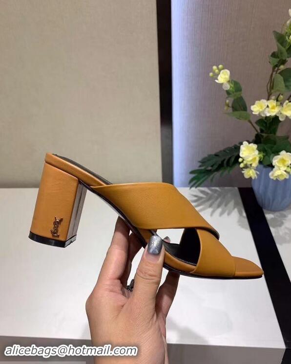 Top Quality Saint Laurent Heel 6.5cm/9cm Leather Loulou Mules Y93510 Khaki