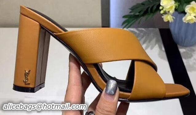 Top Quality Saint Laurent Heel 6.5cm/9cm Leather Loulou Mules Y93510 Khaki