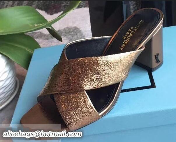 Promotional Saint Laurent Heel 6.5cm/9cm Leather Loulou Mules Y93510 Metallic Gold