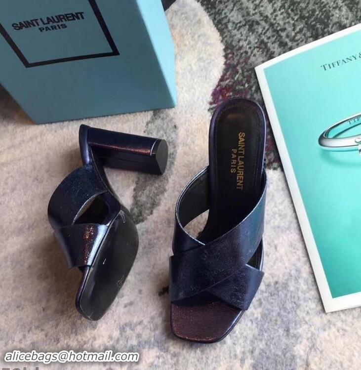 Best Price Saint Laurent Heel 6.5cm/9cm Leather Loulou Mules Y93510 Metallic Blue