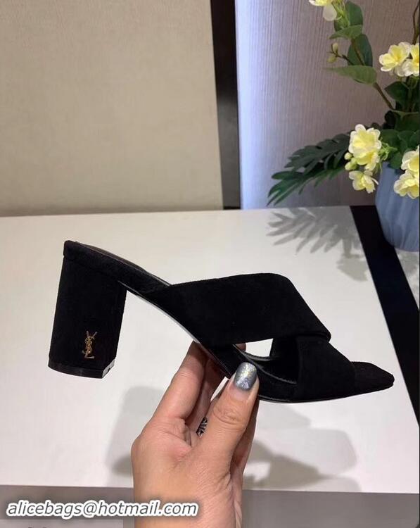 Low Cost Saint Laurent Heel 6.5cm/9cm Leather Loulou Mules Y93510 Suede Black