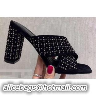 New Saint Laurent Heel 6.5cm/9cm Leather Loulou Mules Y93510 Studded Suede Black