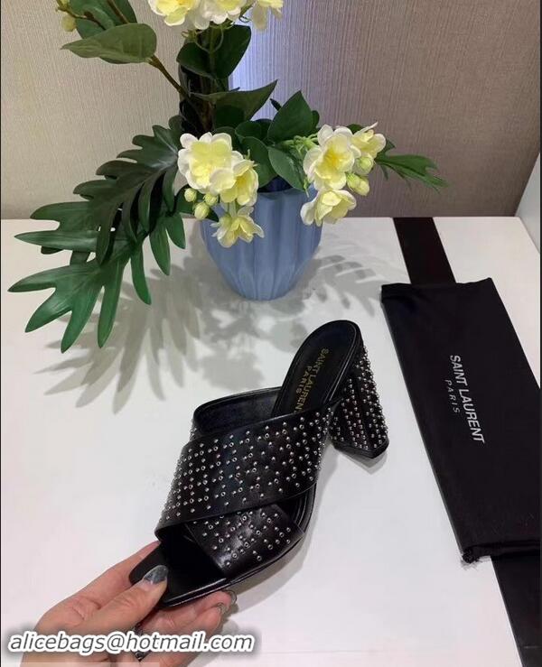 Top Sale Laurent Heel 6.5cm/9cm Leather Loulou Mules Y93510 Studded Black