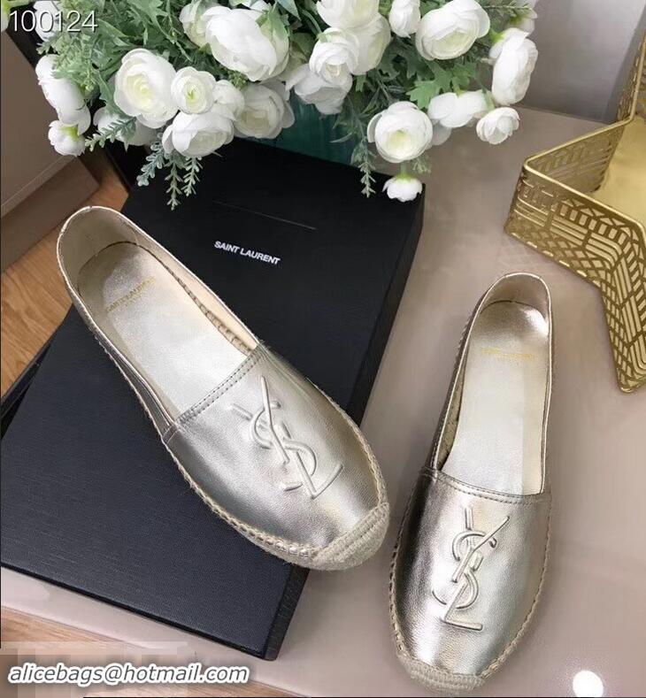 Discount Design Saint Laurent YSL Logo Leather Espadrilles Y93001 Silver