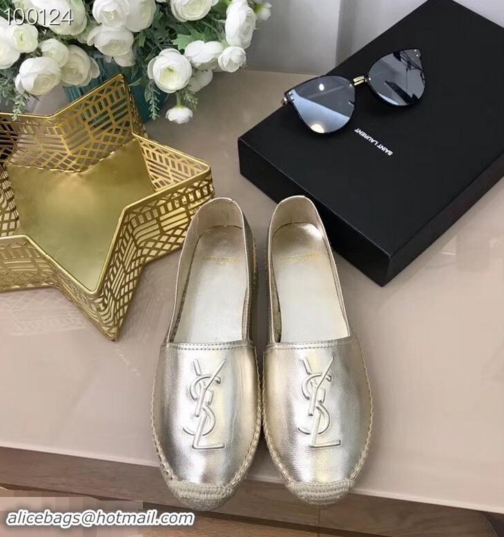 Discount Design Saint Laurent YSL Logo Leather Espadrilles Y93001 Silver