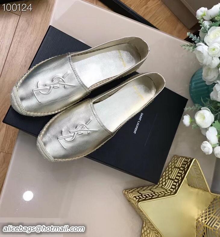 Discount Design Saint Laurent YSL Logo Leather Espadrilles Y93001 Silver